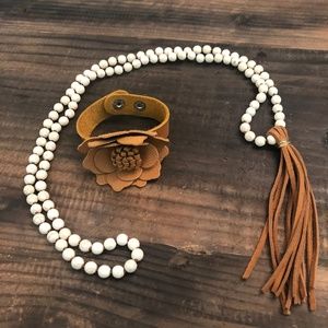 Leather and White Beaded Necklace and Bracelet